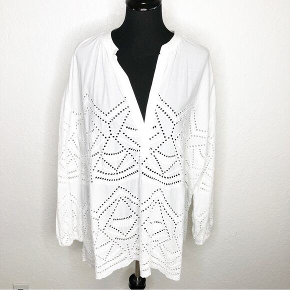 Sundance white geometric eyelet popover tunic top size Large - Picture 1 of 16